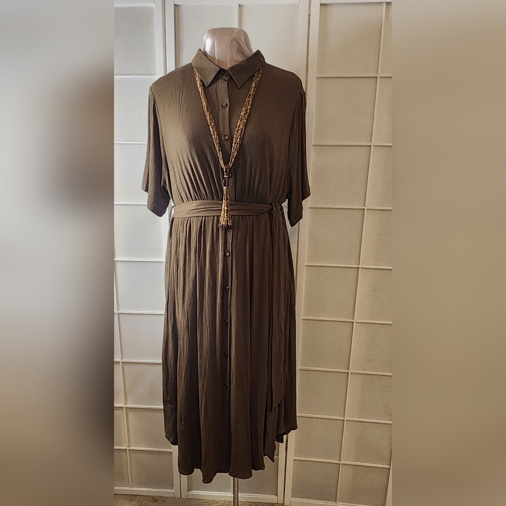 Plus Sz Women's Casual Olive Green Semi-Flare Boho Lightweight Dress w Belt